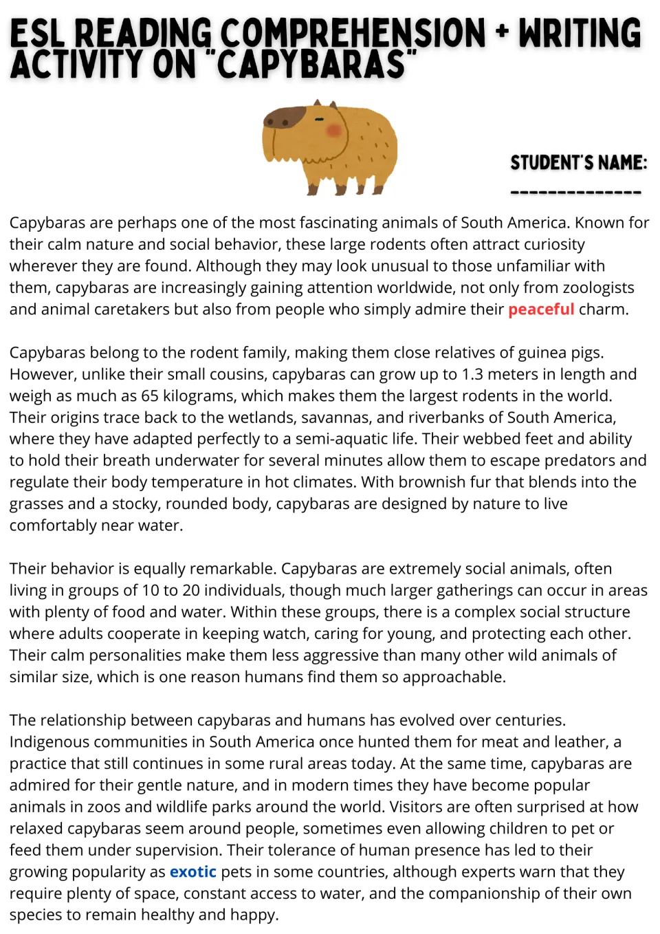 Capybara reading passage: students read four paragraphs on size, habitat, behavior and humans; two words highlighted