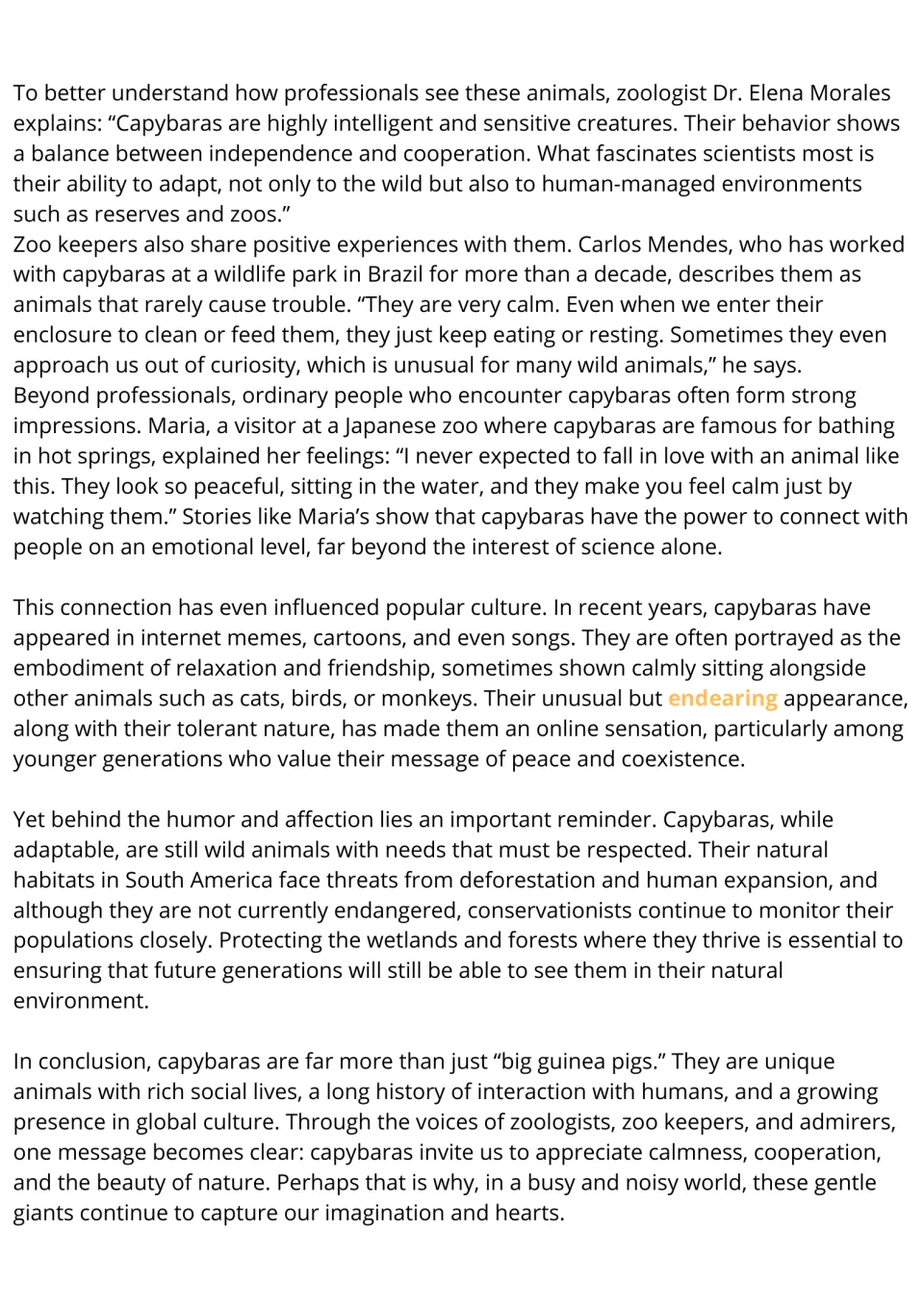 Capybara reading continued: students read expert quotes, pop culture, habitat threats and a conclusion