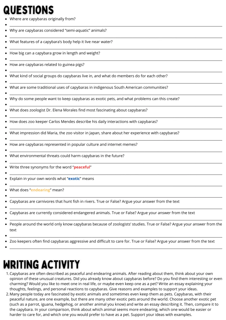 Capybara questions: students write answers to 20 comprehension and vocabulary items and two essay prompts