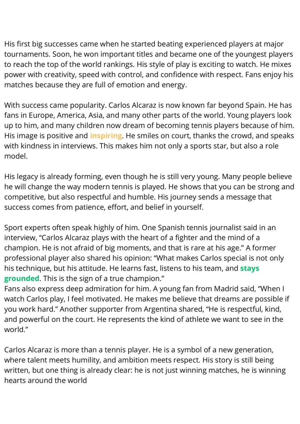 Alcaraz passage, part 2: students read about his titles, worldwide fans, legacy and quotes from experts and supporters