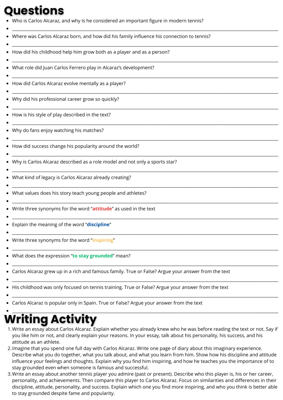 Alcaraz questions: 19 comprehension, vocabulary and true-or-false items, then three essay and diary writing prompts