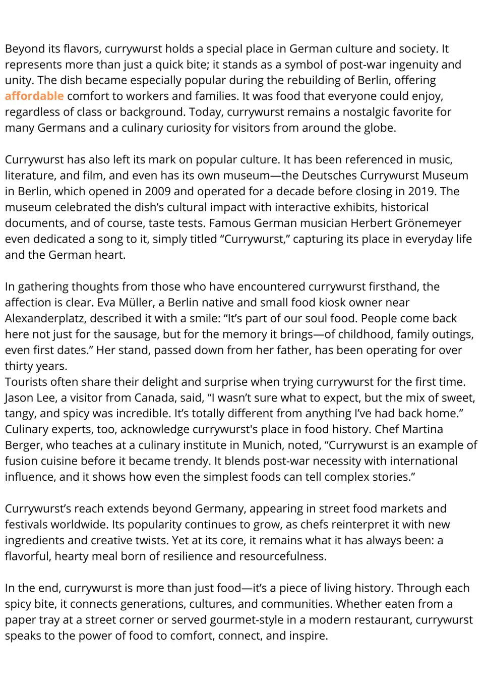 Currywurst reading passage, part 2: German cultural significance, the former museum, and interview quotes.
