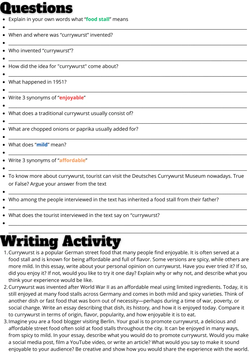 Currywurst follow-up: 13 comprehension and vocabulary questions plus three essay prompts about street food.