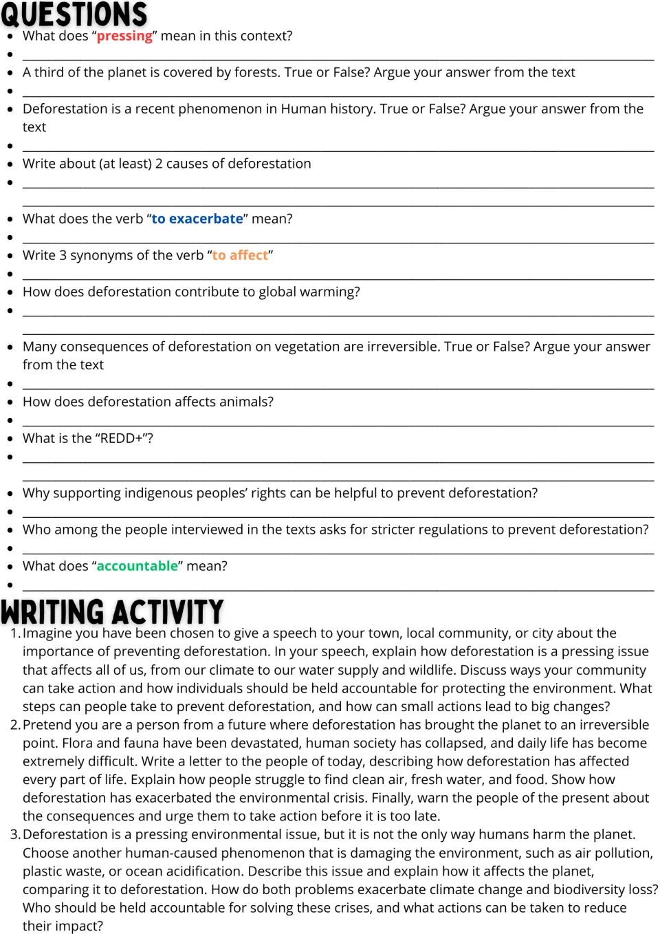 Deforestation questions: students answer 13 true-or-false, vocabulary and text items, then pick one of 3 essay prompts