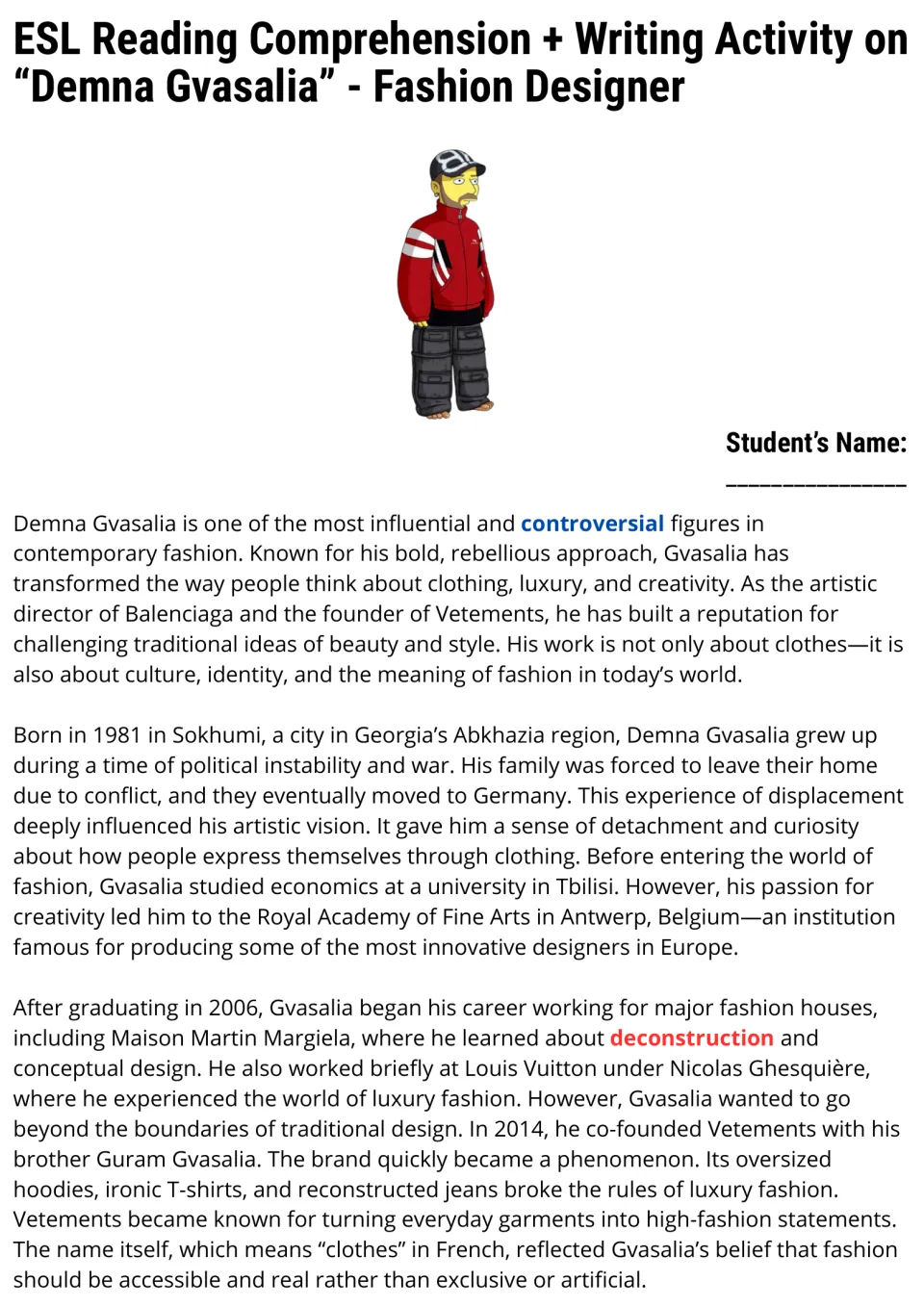ESL reading passage, part 1: Demna Gvasalia's childhood, fashion education, early career, and Vetements.