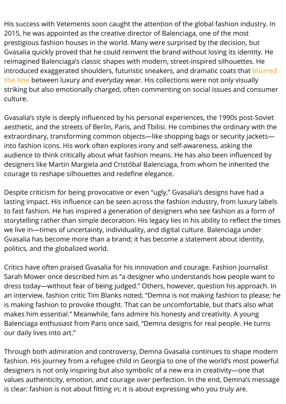 ESL reading passage, part 2: Demna Gvasalia's Balenciaga designs, influences, legacy, and critics' views.