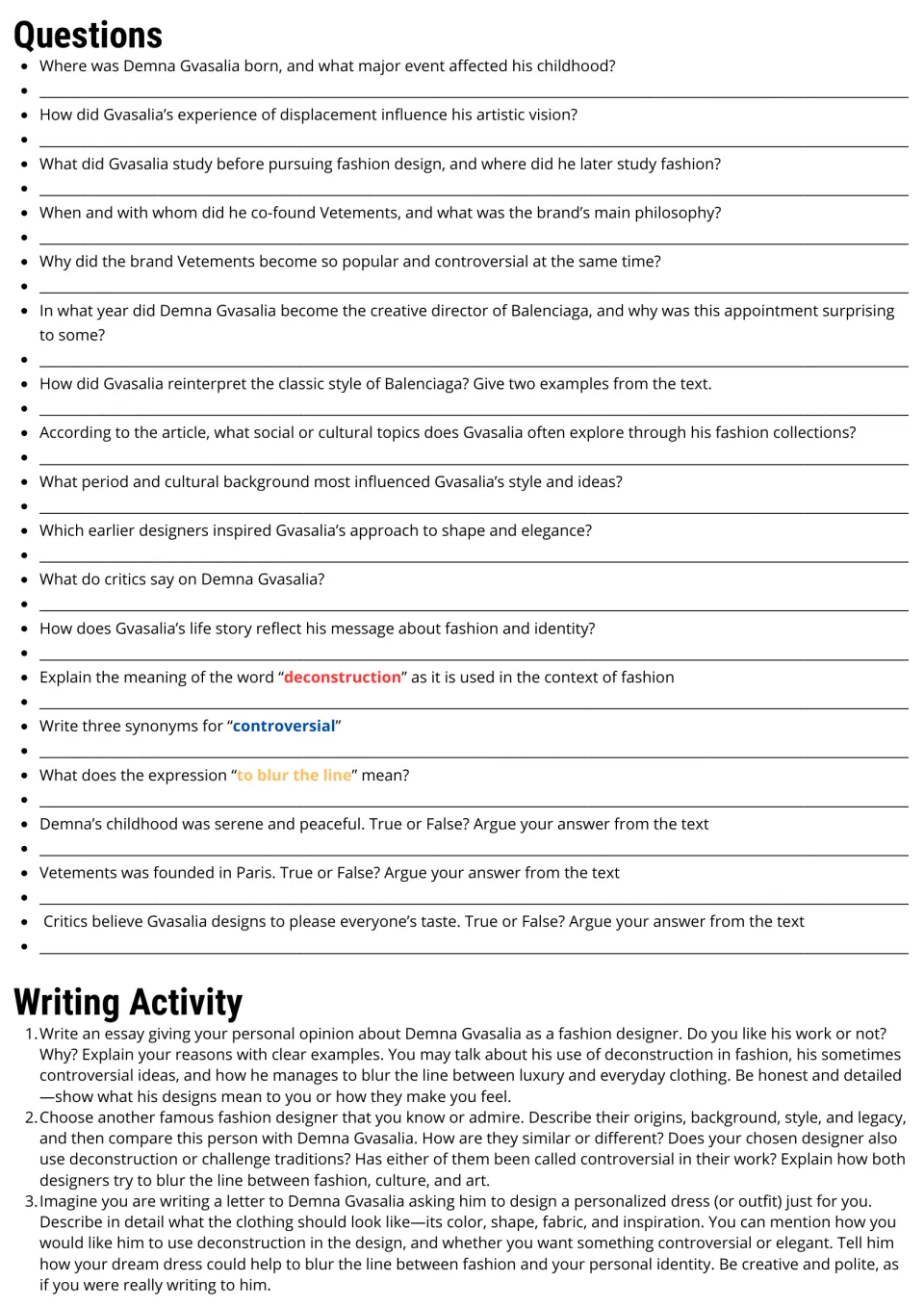 Demna Gvasalia reading follow-up: 18 comprehension and vocabulary questions plus three writing prompts.