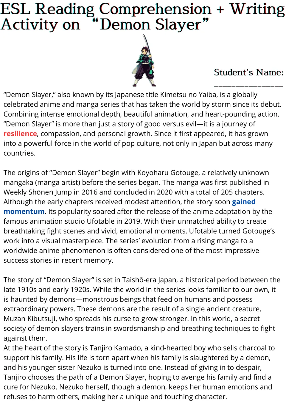 Demon Slayer reading passage: students read about the manga's origins, Taishō-era setting, Tanjiro and his sister Nezuko