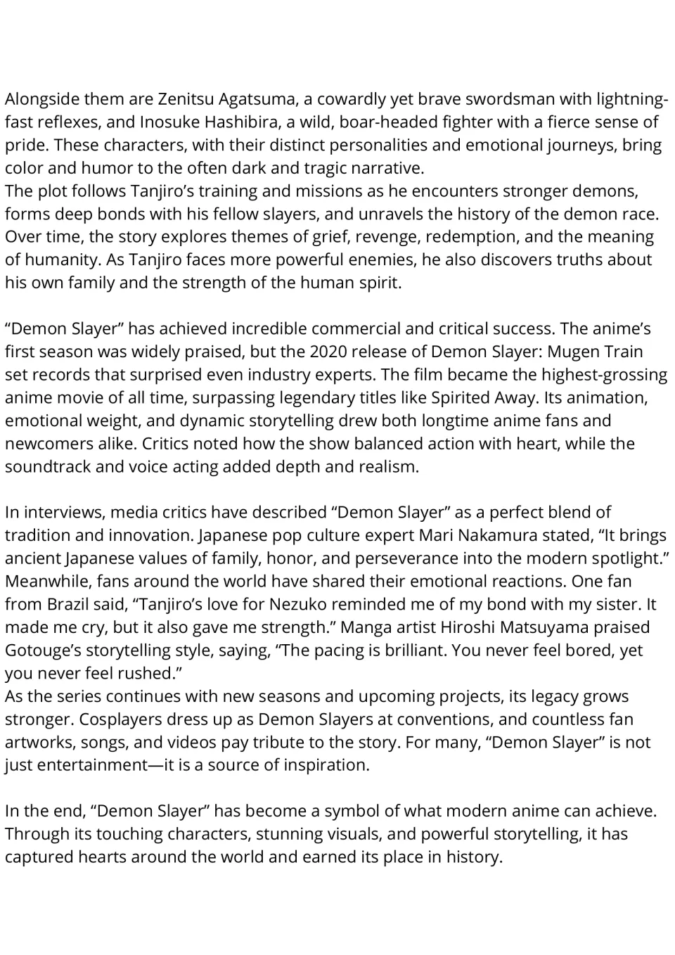 Demon Slayer article continued: students read about Zenitsu, Inosuke, Mugen Train's record success and fan reactions