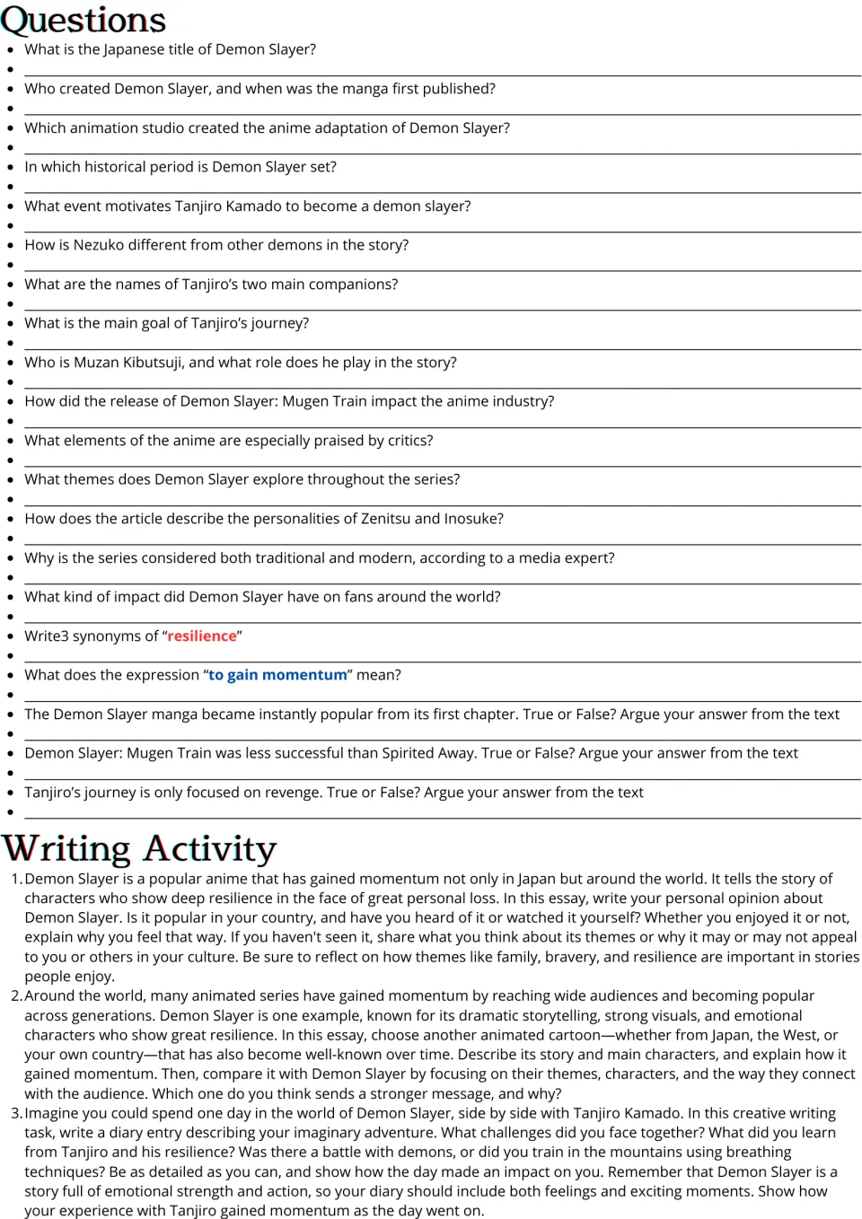Demon Slayer questions: 20 comprehension, vocabulary and true-or-false items, plus a choice of three essay prompts