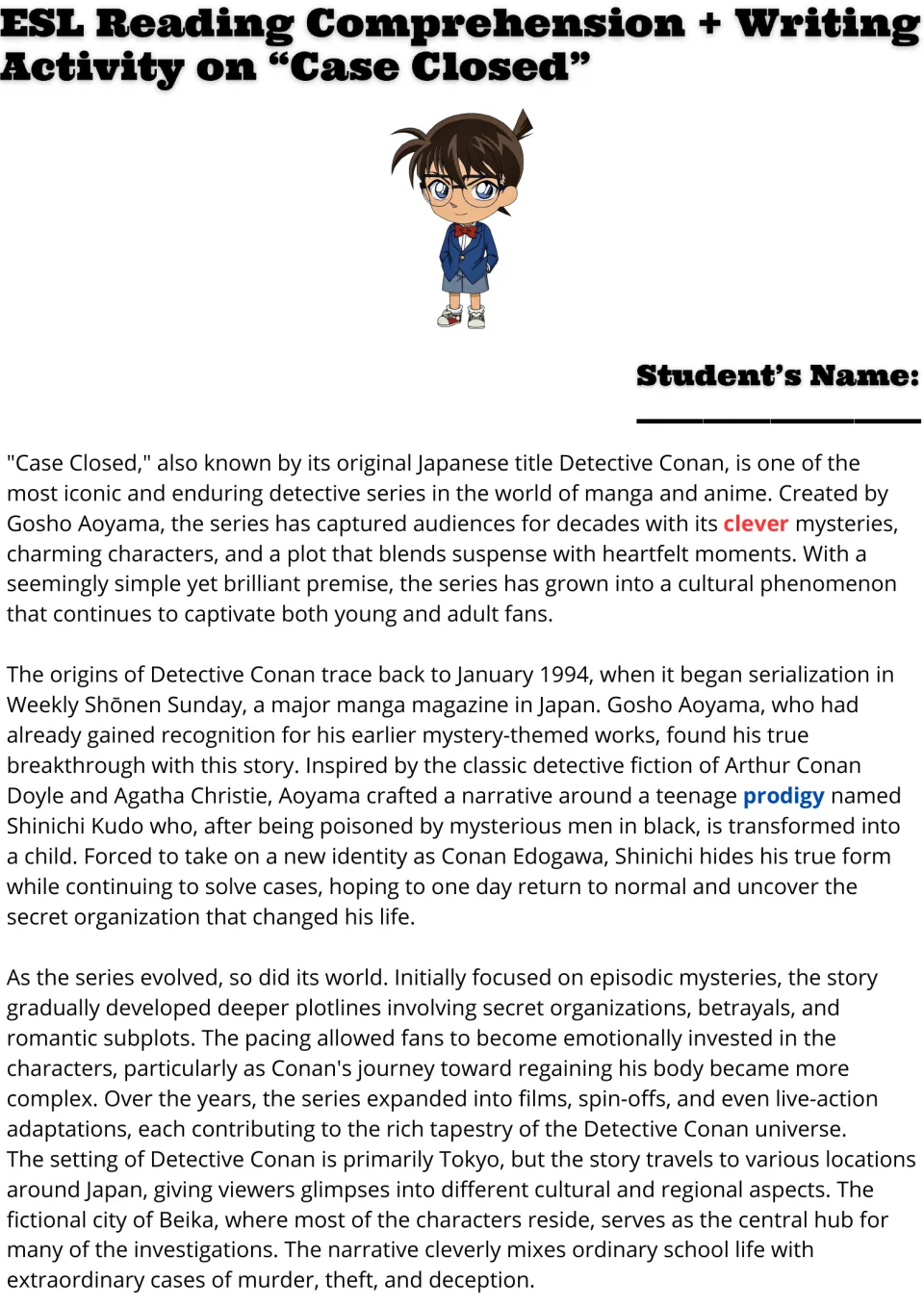 Case Closed reading passage: students read about Detective Conan's origins and plot, with clever and prodigy highlighted
