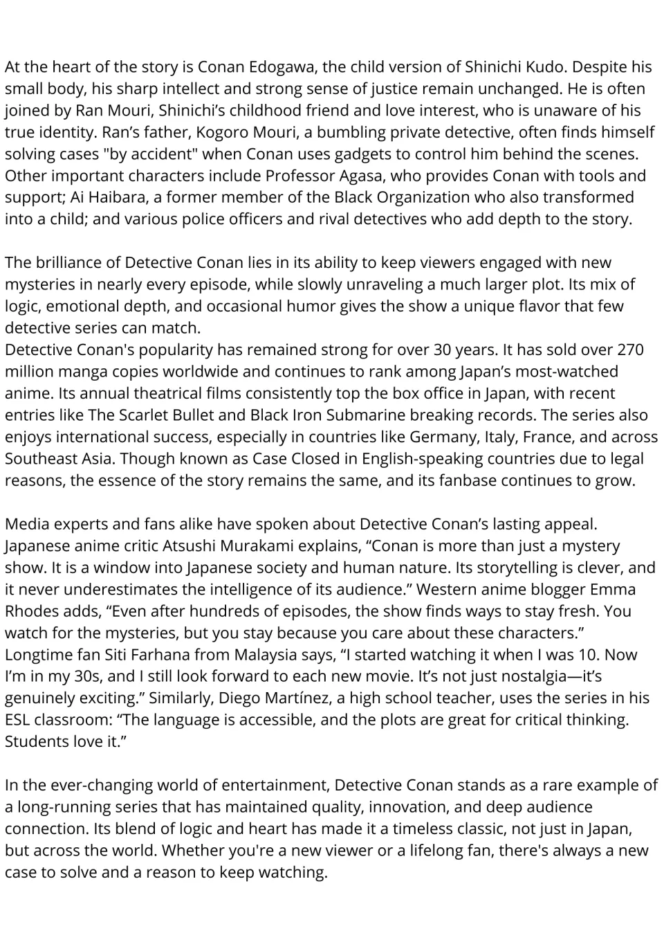 Detective Conan passage continued: students read about the cast, global popularity and quotes from critics and fans