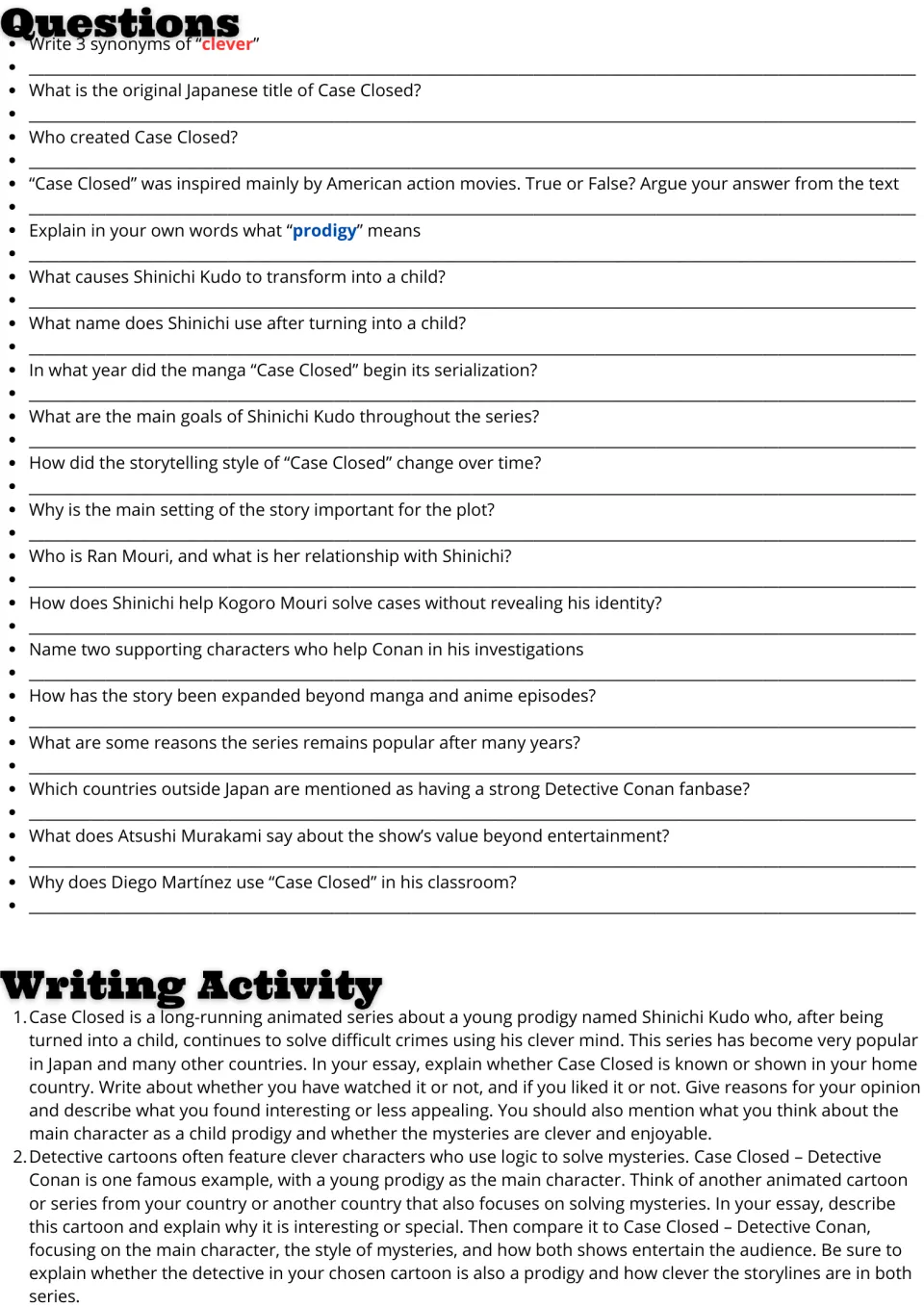 Case Closed questions: students answer 19 text-based and vocabulary items, then write an opinion or comparison essay