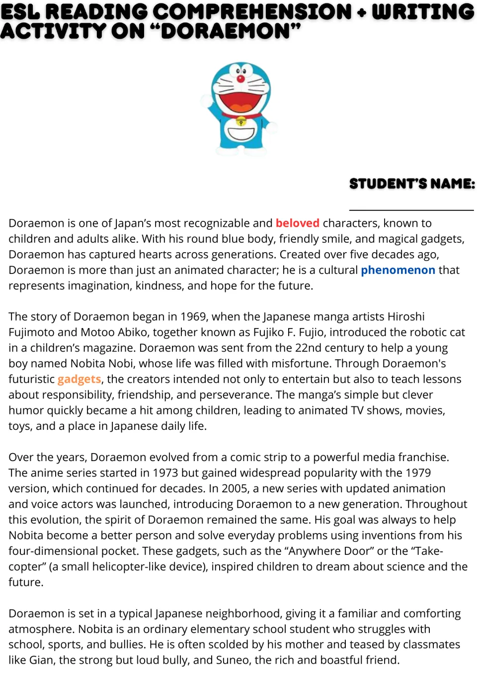 Doraemon reading passage, part 1: students read about the 1969 manga origins, Nobita, gadgets and the anime series