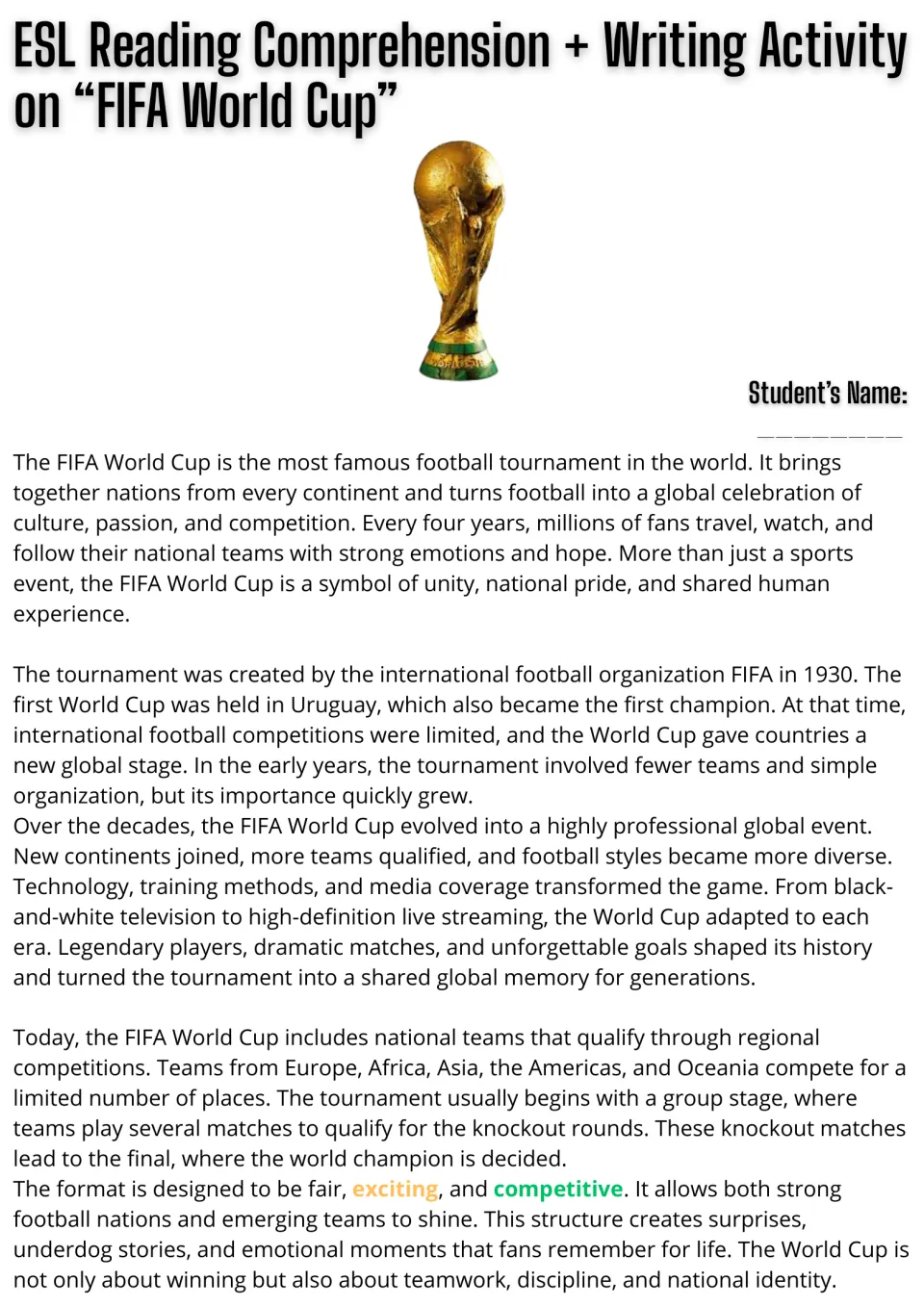 ESL reading passage, part 1: FIFA World Cup origins, evolution, team qualification, and tournament format.