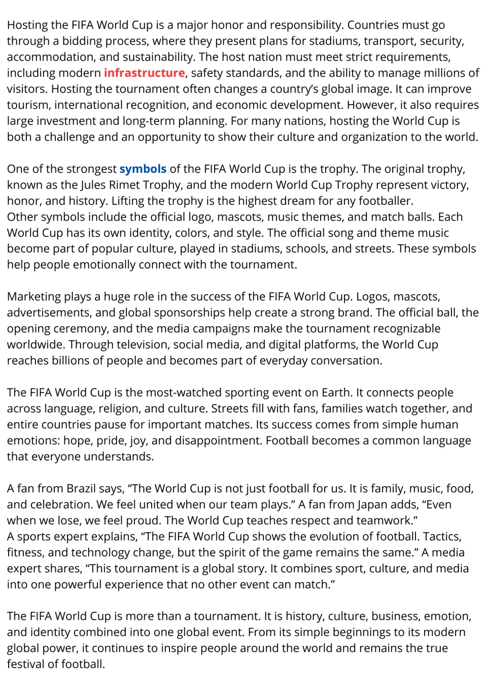 ESL reading passage, part 2: World Cup hosting, trophy symbolism, marketing, and fans' cultural connections.