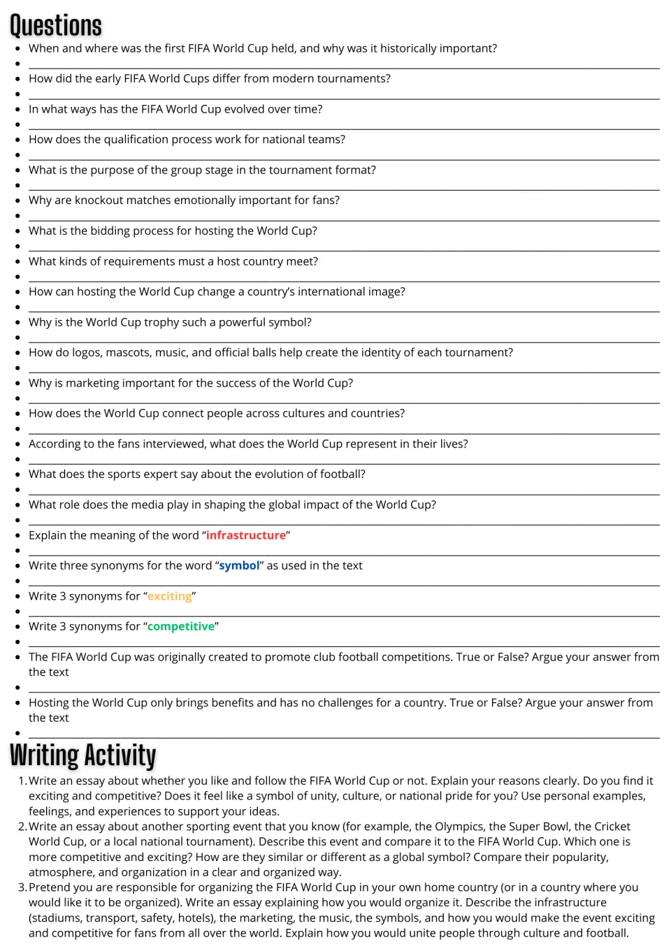 World Cup reading follow-up: 22 comprehension and vocabulary questions plus three essay writing prompts.