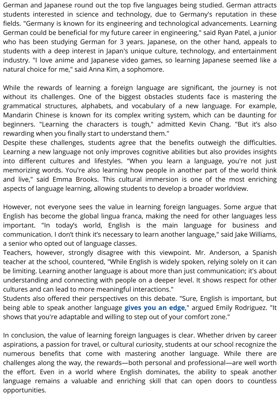 Reading passage continuation on German, Japanese, language learning challenges, and the value of multilingualism.