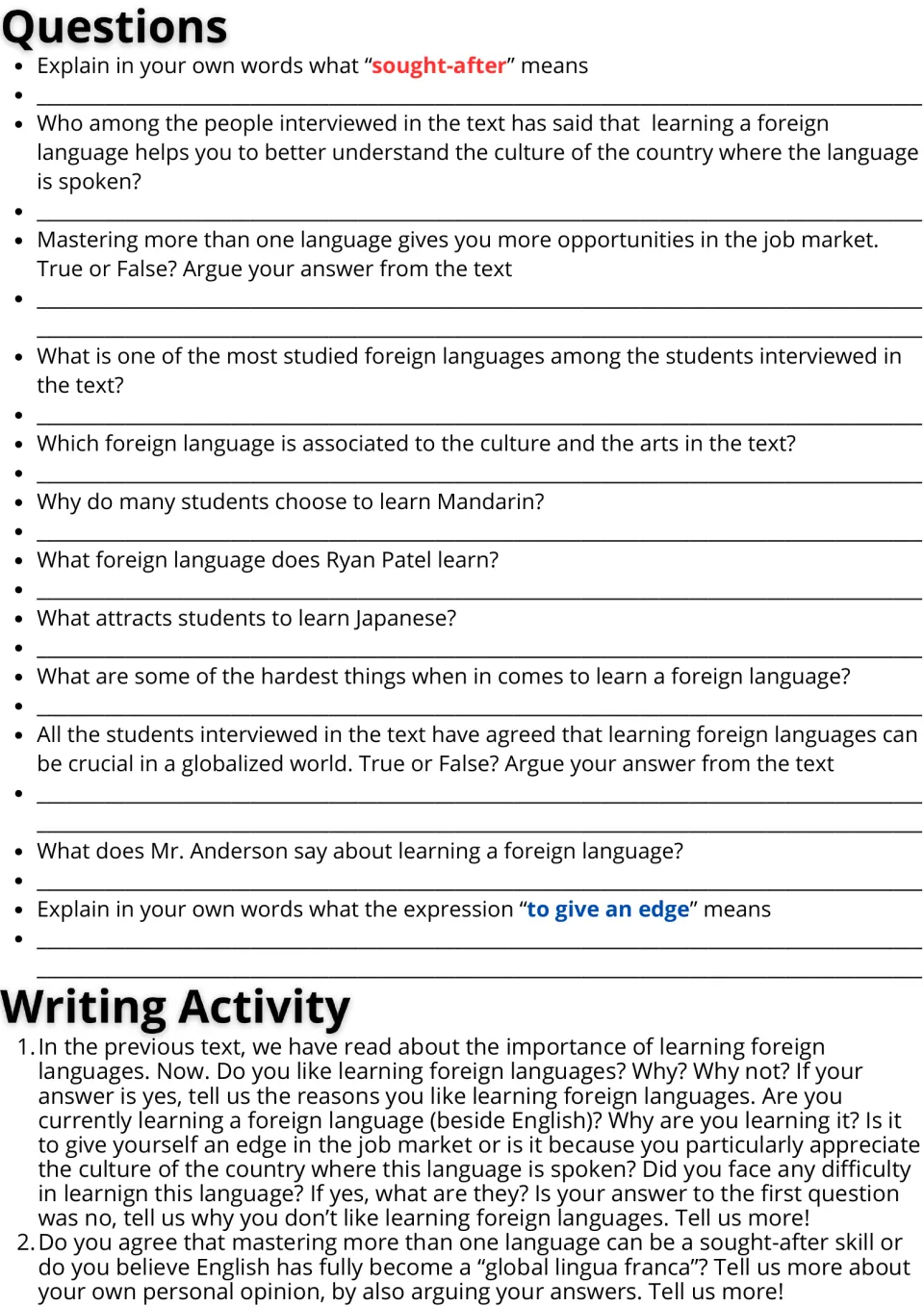 Reading follow-up with 12 comprehension questions and two essay prompts about learning foreign languages.