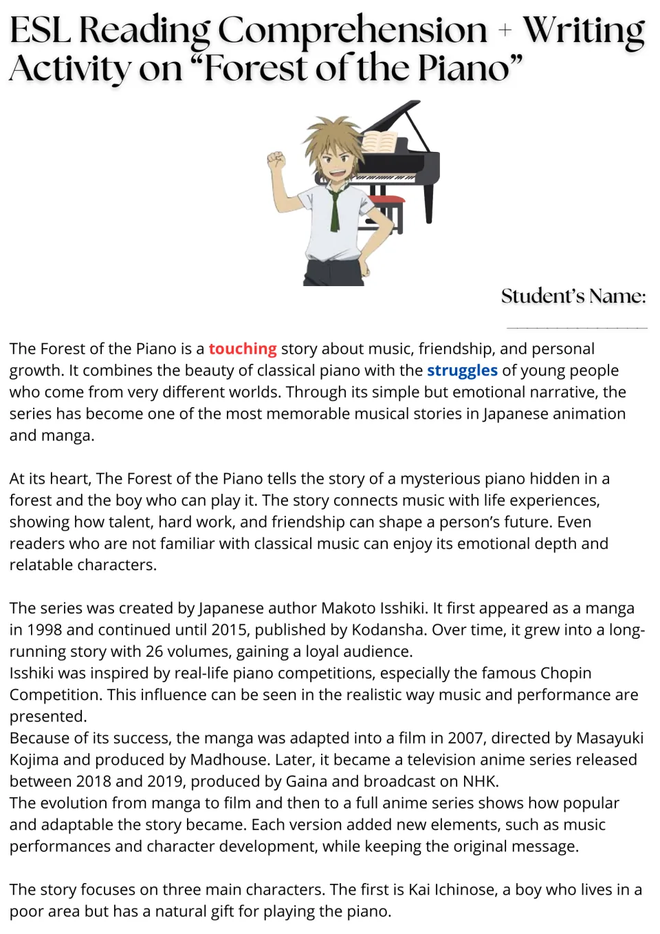 Forest of the Piano reading passage, part 1: students read about Makoto Isshiki's manga, its film and anime and hero Kai