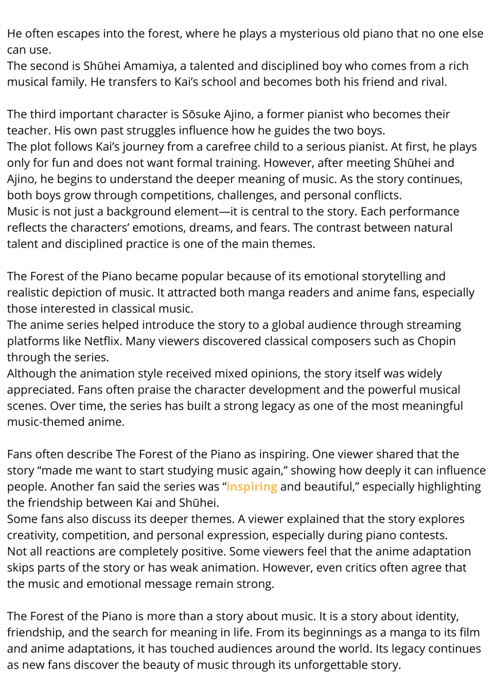 Forest of the Piano passage, part 2: students read about Shuhei, teacher Ajino, the story's themes, fan reactions and legacy