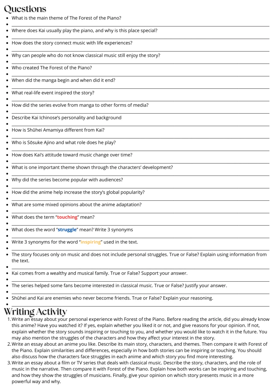 Comprehension questions, vocabulary synonyms and true-or-false items on the anime text, plus a choice of 3 essay prompts