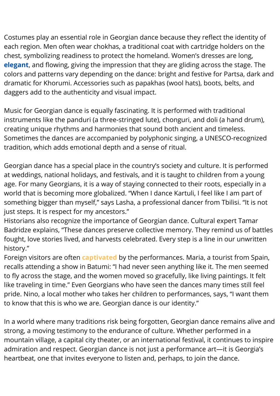 Reading passage conclusion on Georgian dance: costumes, traditional music, and cultural identity.