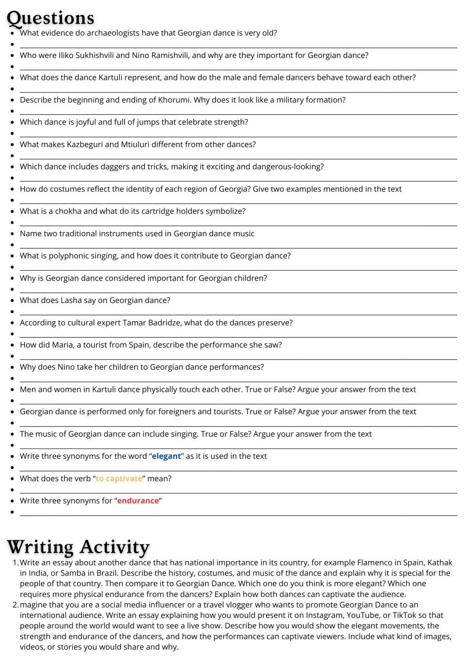 Follow-up tasks: 22 comprehension and vocabulary questions plus two essay prompts about Georgian dance.