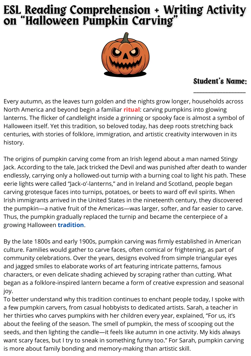 Reading passage opening: pumpkin carving origins, Stingy Jack, Irish immigrants, and Sarah's family tradition.