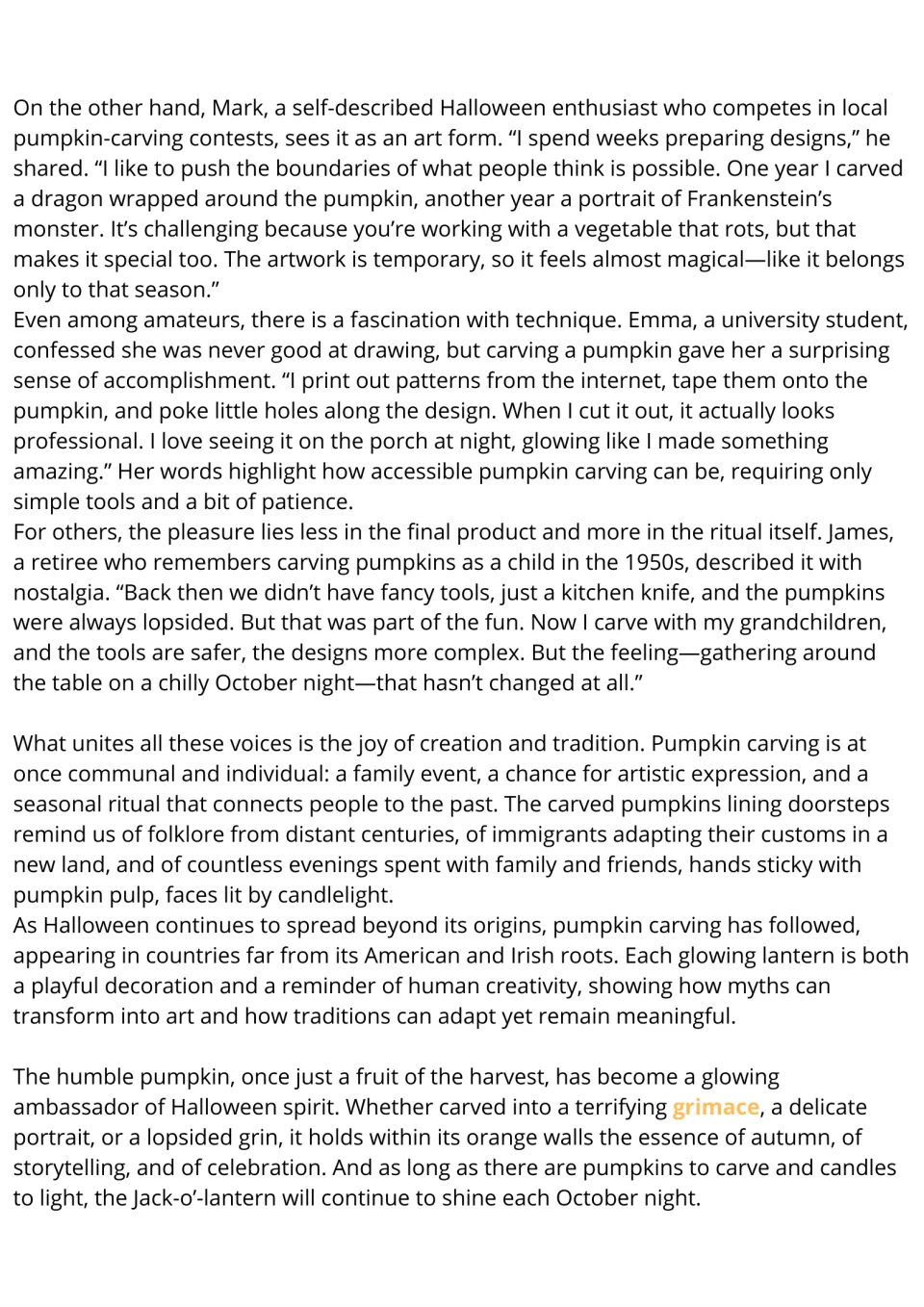 Reading passage conclusion: Mark, Emma, and James share pumpkin carving experiences and seasonal traditions.
