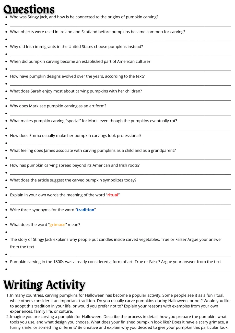 Reading follow-up: 17 comprehension and vocabulary questions plus two pumpkin carving writing prompts.