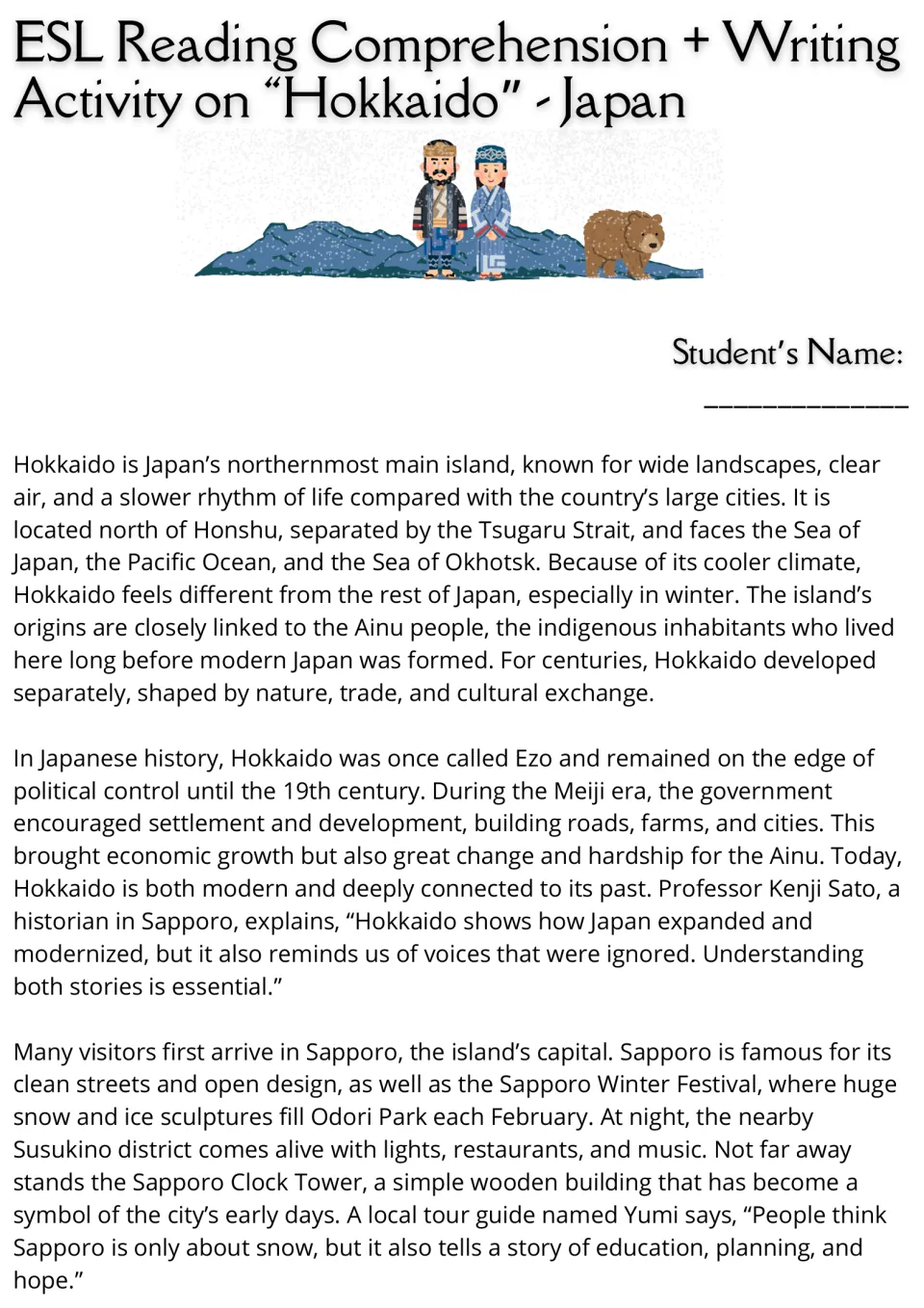 Hokkaido reading passage, part 1: students read about its location, Ainu origins, Meiji-era change and Sapporo