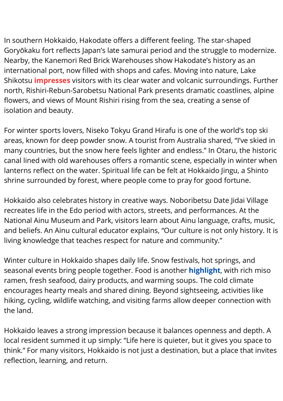 Hokkaido reading passage, part 2: students read about Hakodate, Niseko skiing, Otaru Canal, Ainu culture and winter food