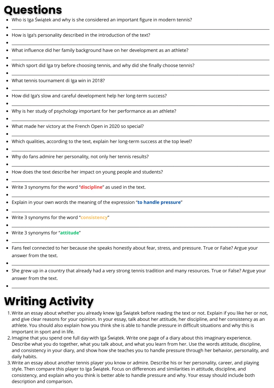 Follow-up activities: 17 comprehension and vocabulary questions about Iga Świątek and three writing prompts.