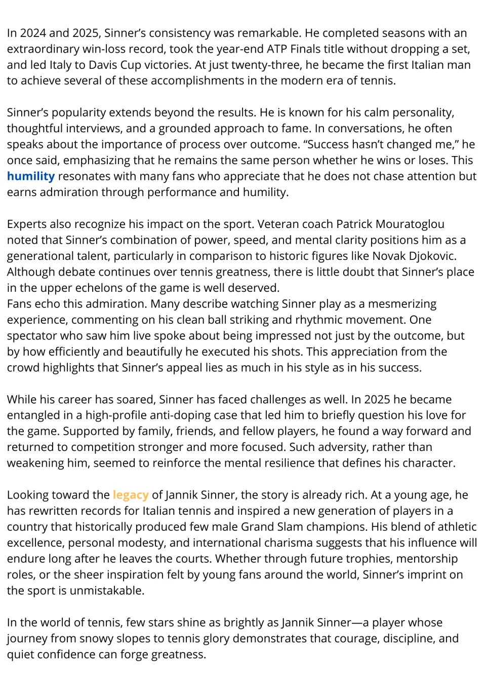 Sinner passage, part 2: his humility, expert views, the 2025 anti-doping case and legacy, vocabulary words highlighted