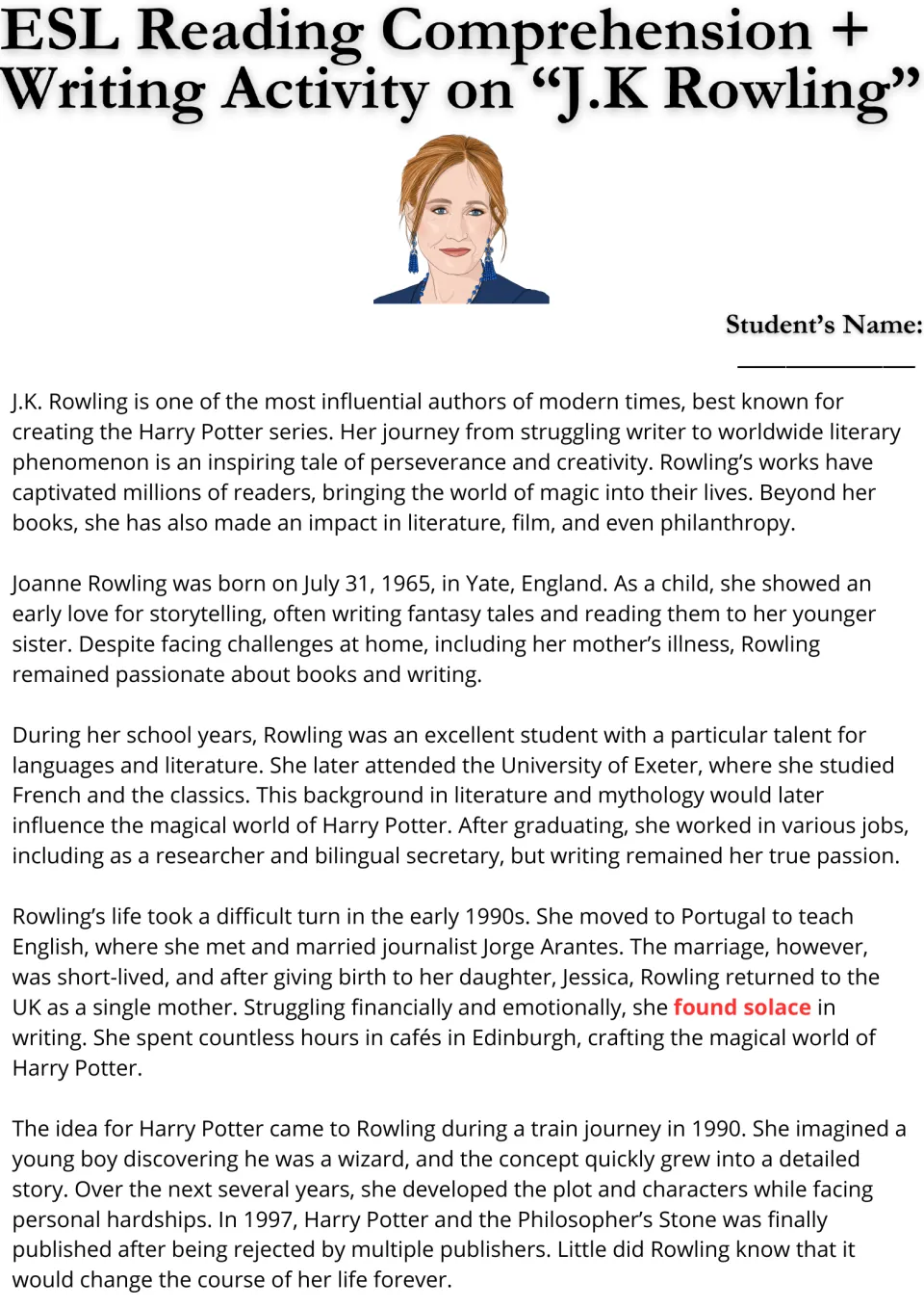 ESL reading passage, part 1: J.K. Rowling's early life, education, jobs, and the first Harry Potter book.