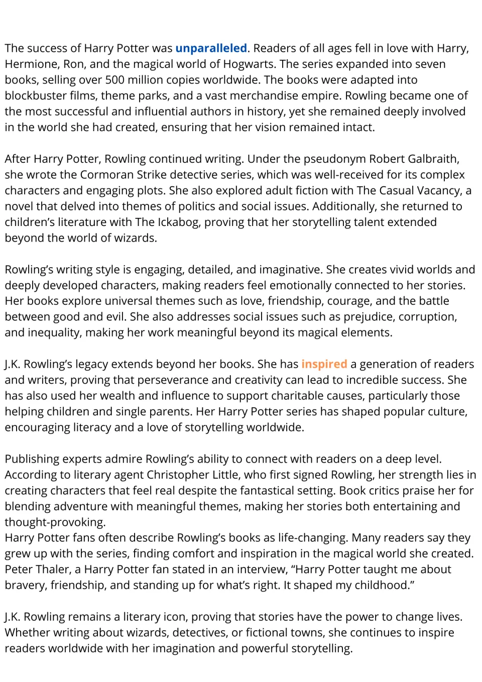 ESL reading passage, part 2: Harry Potter's success, Rowling's other books, writing style, and legacy.