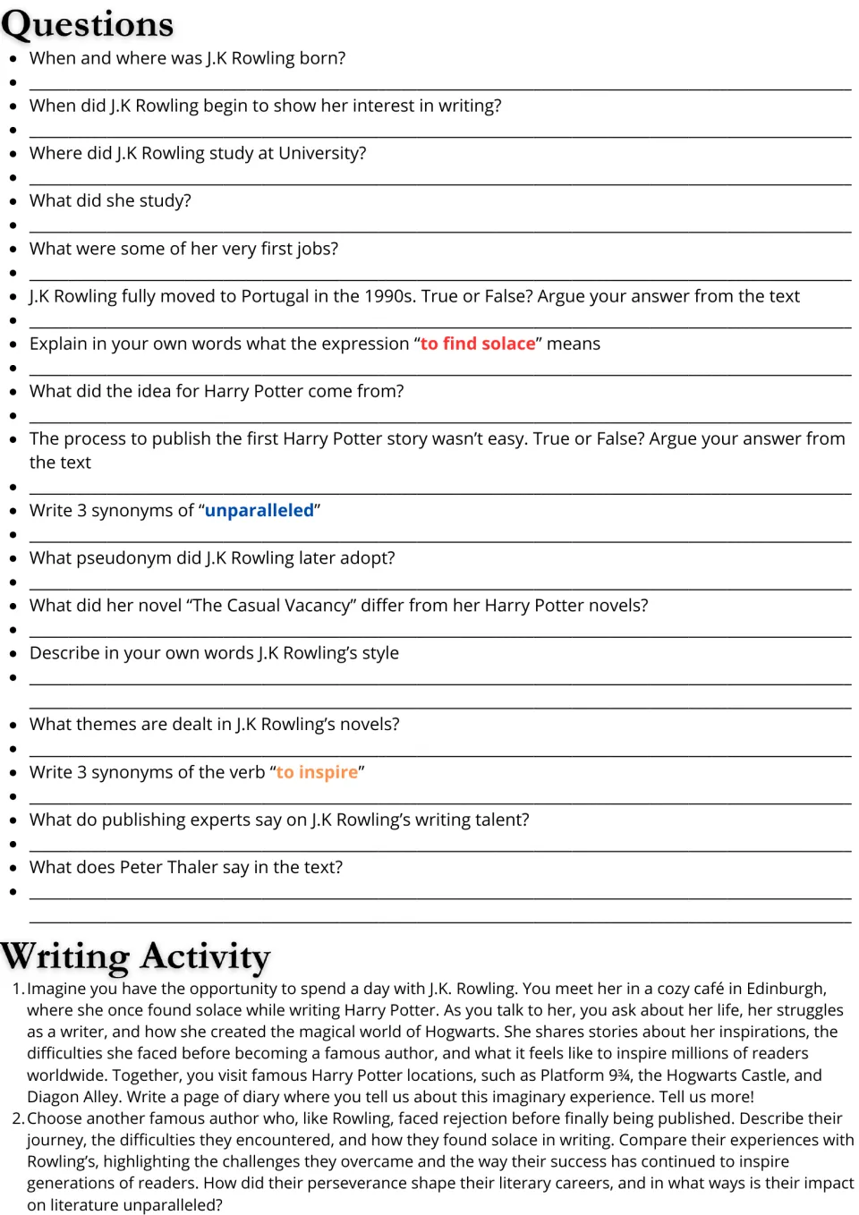 Reading response page: 17 questions about J.K. Rowling and two writing prompts on her life and perseverance.