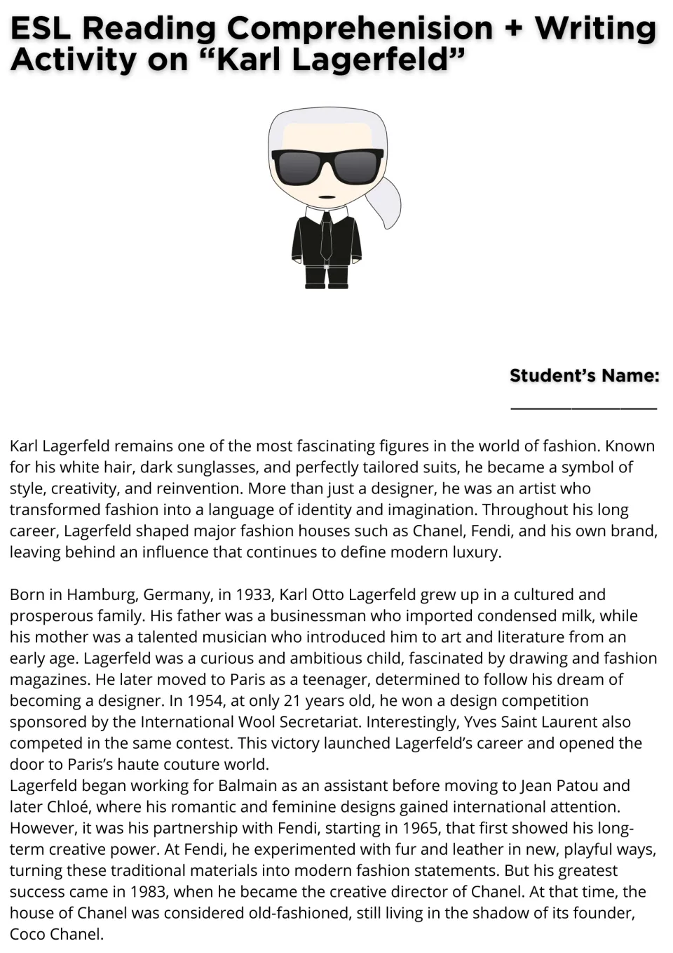 Reading passage opening: Karl Lagerfeld's childhood, early design career, and work at Fendi and Chanel.