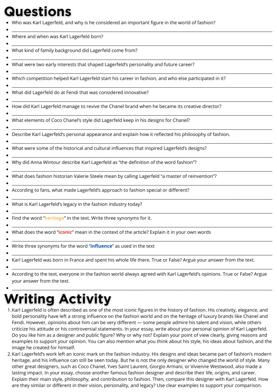 Follow-up tasks: 19 questions on Karl Lagerfeld and vocabulary, plus opinion and designer comparison essays.