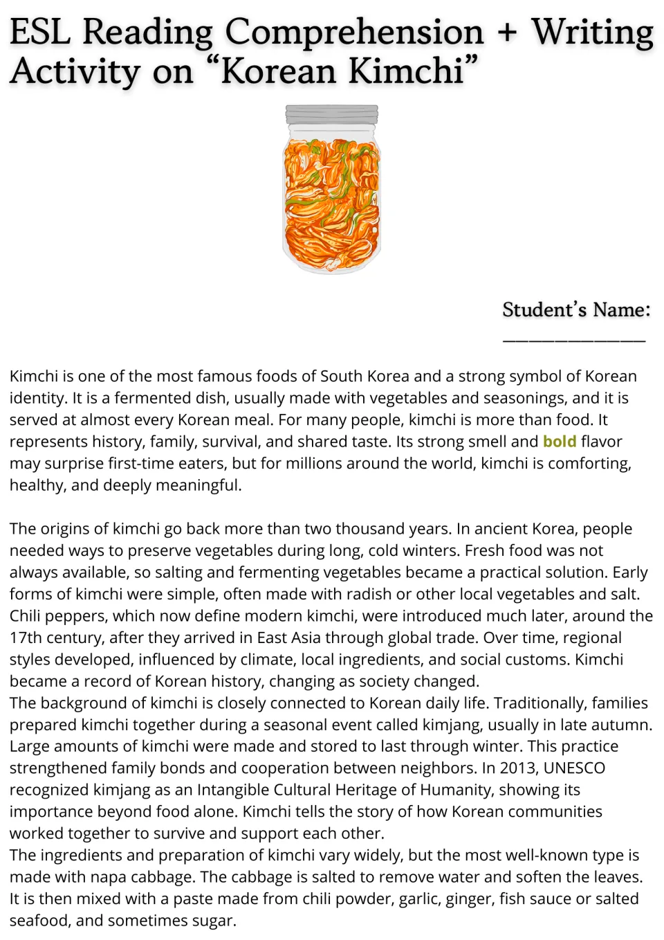 Opening ESL reading passage on kimchi: Korean identity, food preservation, kimjang, and cabbage preparation.