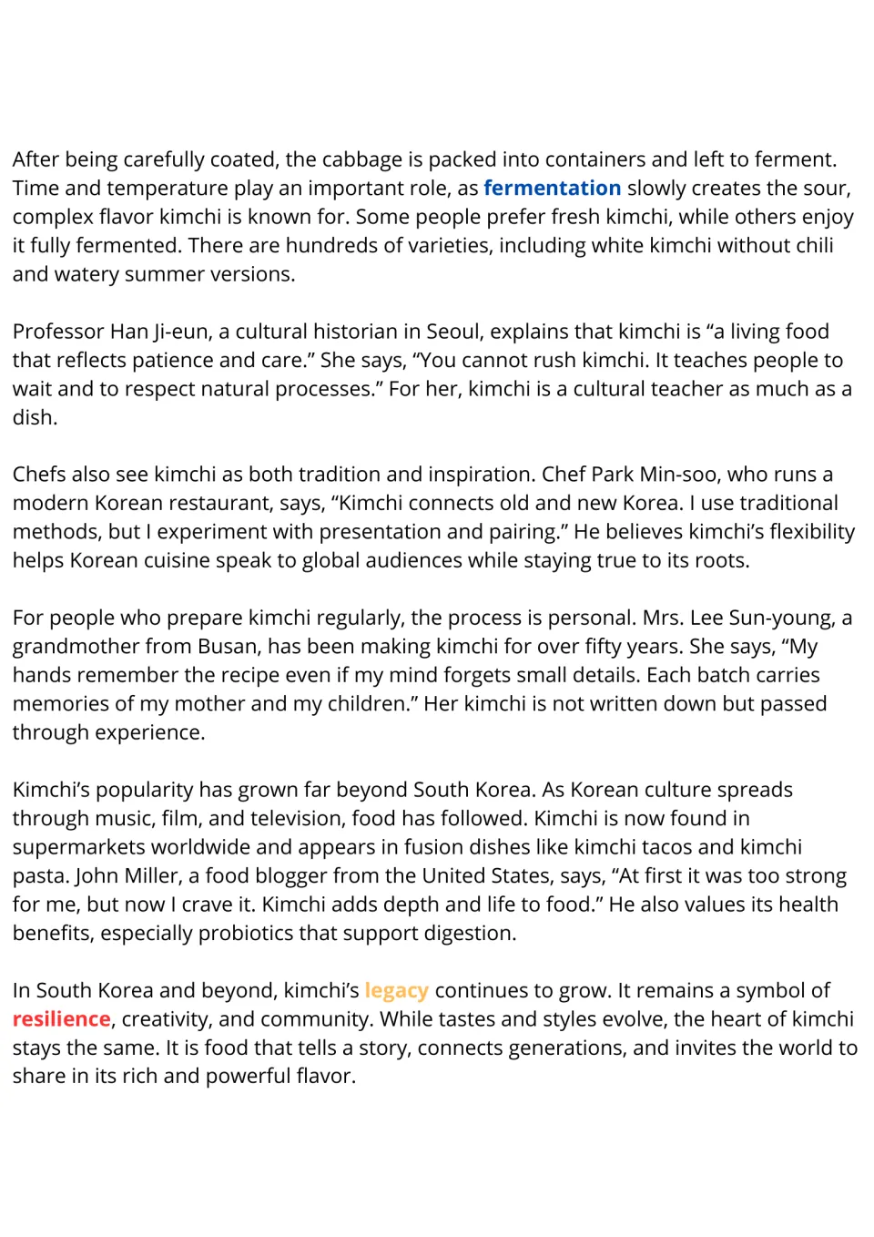 Kimchi reading passage continued: fermentation, personal perspectives, global popularity, and legacy.