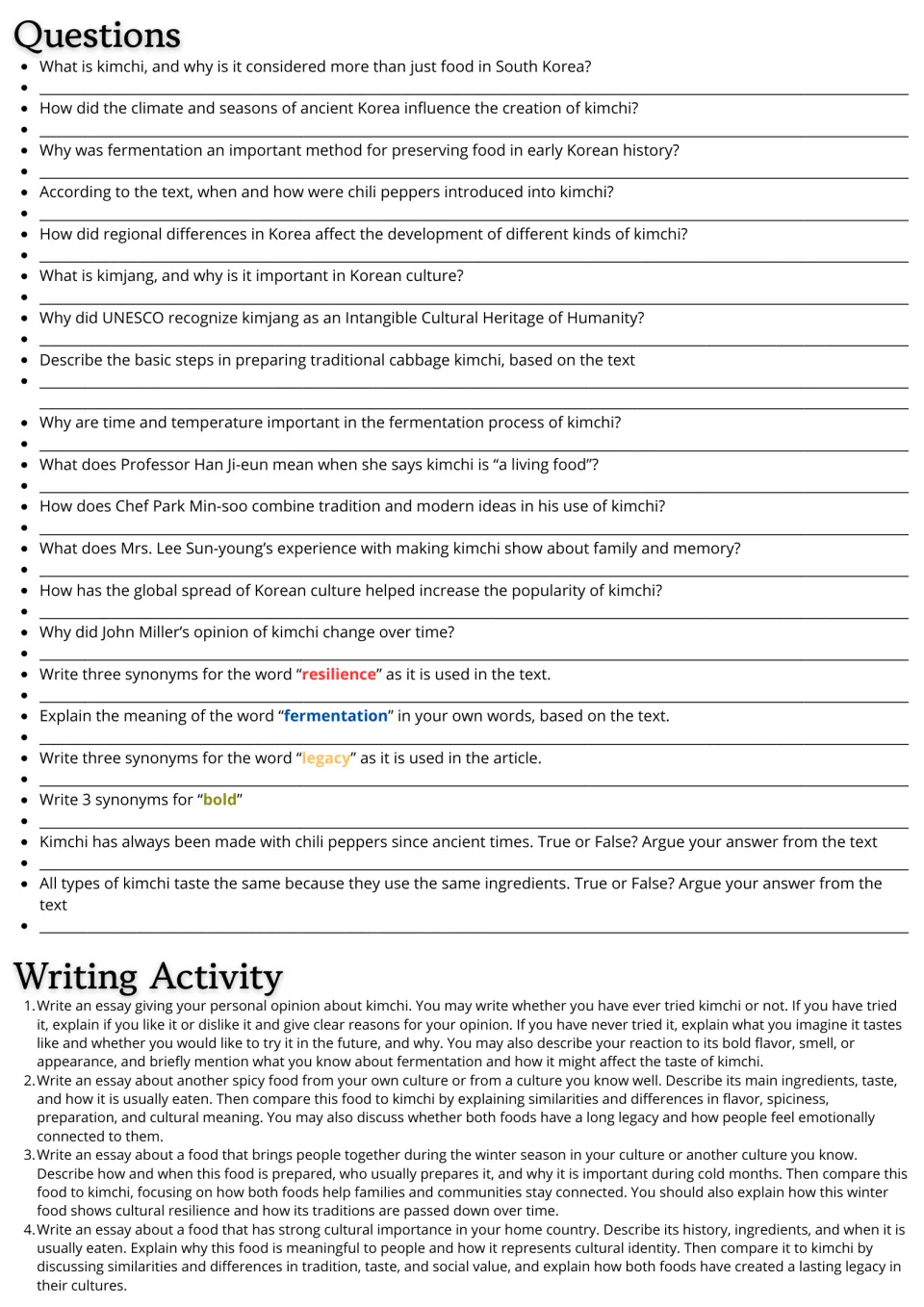 Kimchi reading response page: 20 comprehension and vocabulary questions plus four essay writing prompts.