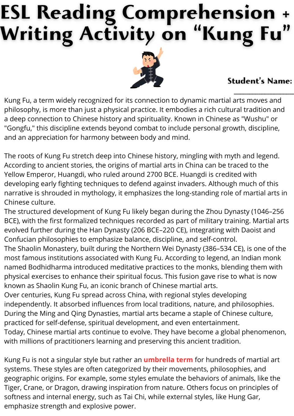 Kung Fu reading passage, part 1: origins, Chinese history, Shaolin traditions, and martial arts styles.