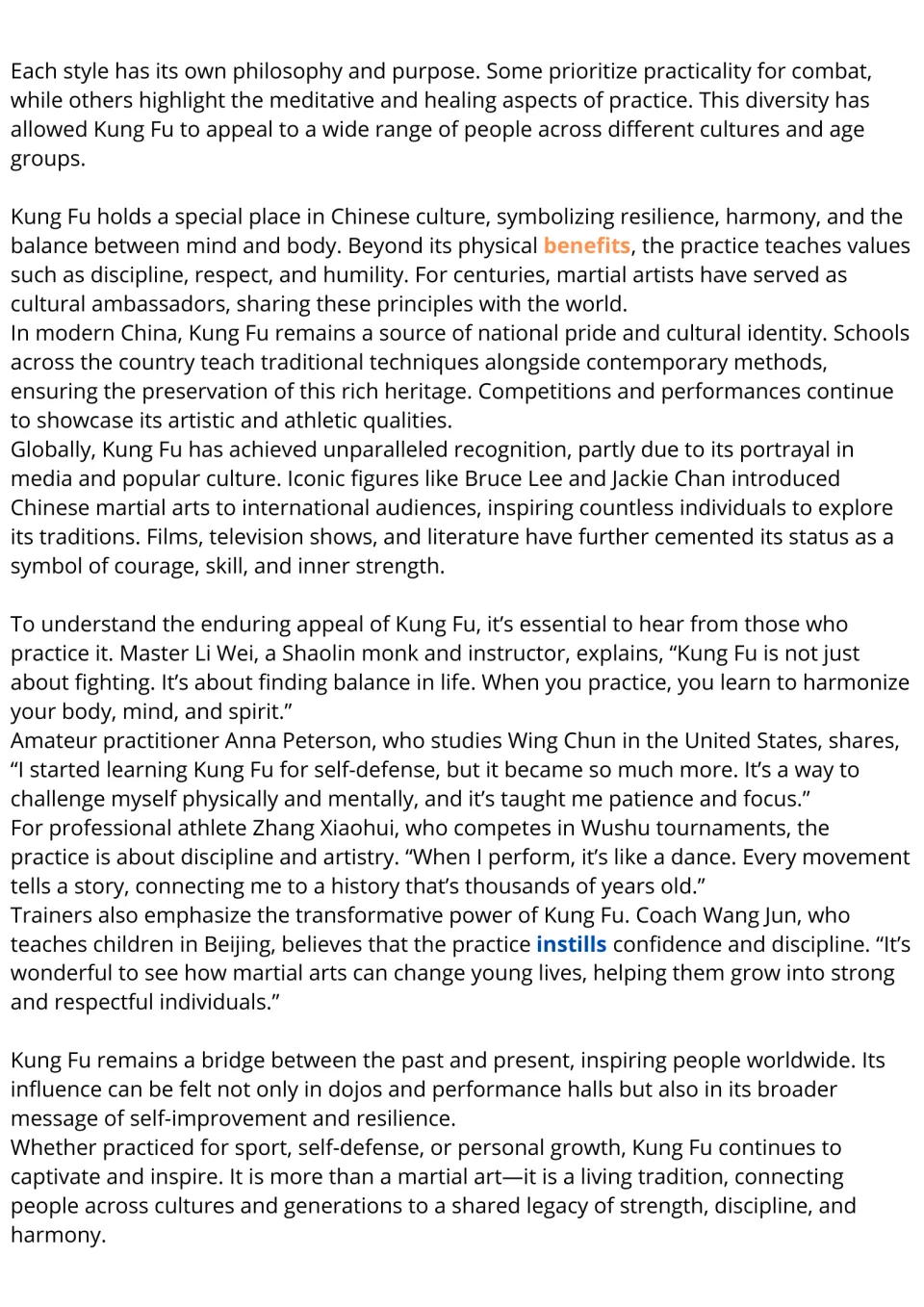 Kung Fu reading passage, part 2: cultural values, Bruce Lee, Jackie Chan, and practitioners' perspectives.
