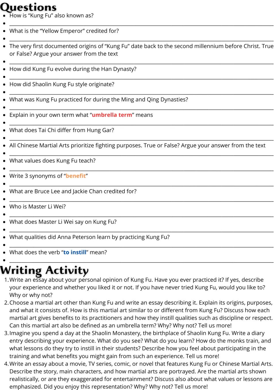 Kung Fu follow-up activities: 16 comprehension and vocabulary questions plus four extended writing prompts.