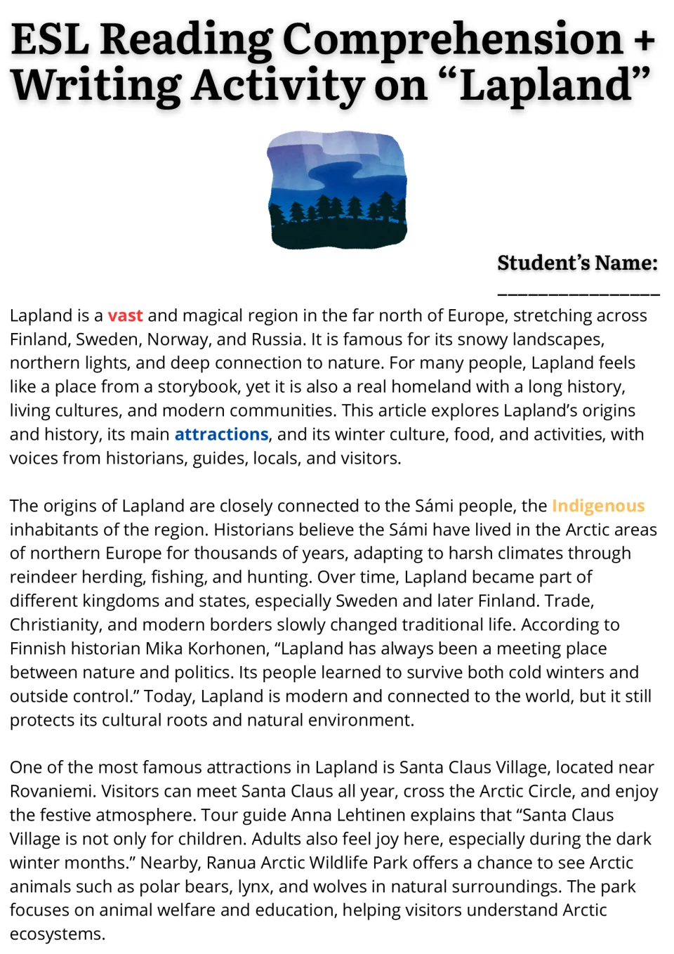 Lapland reading passage, part 1: northern European location, Sámi history, and Santa Claus Village.