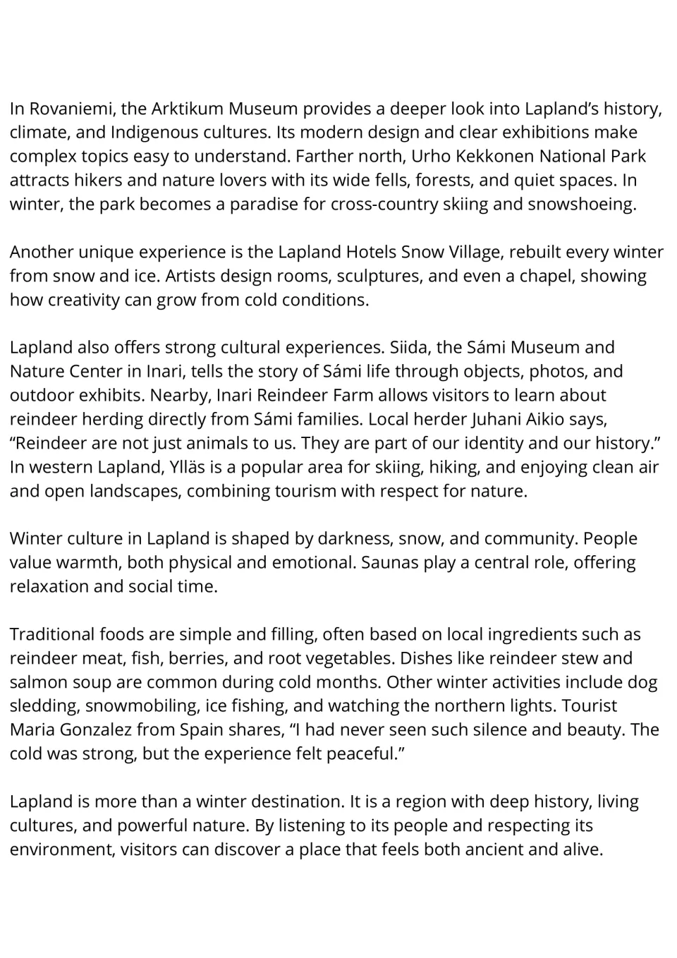 Lapland reading passage, part 2: museums, winter attractions, Sámi culture, saunas, and traditional food.