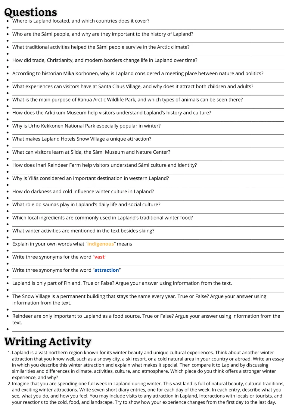 Lapland follow-up: 23 questions and writing prompts for a winter comparison essay and seven diary entries.