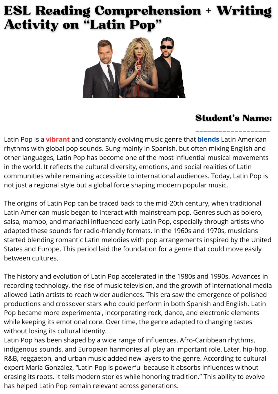 Latin Pop reading passage, part 1: origins, musical influences, and evolution through the 1980s and 1990s